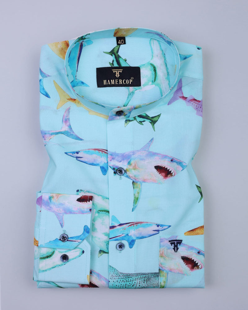 Atlantic-Whales Nautical Theme Aqua Blue Cotton Shirt