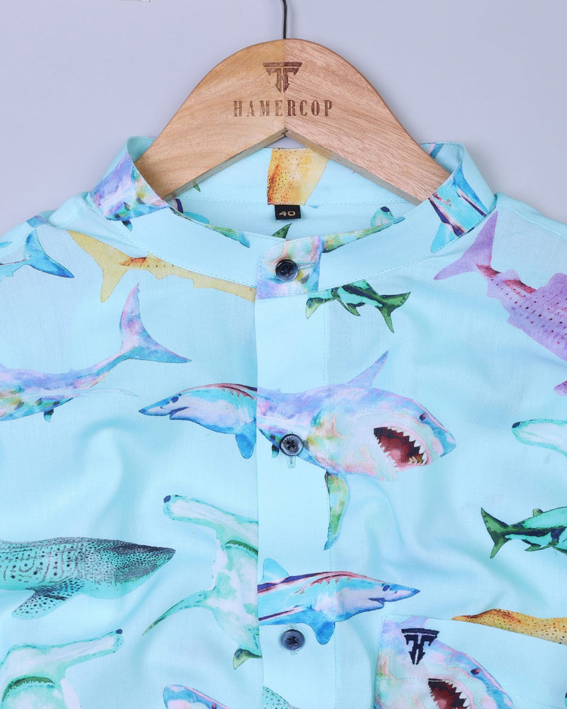 Atlantic-Whales Nautical Theme Aqua Blue Cotton Shirt