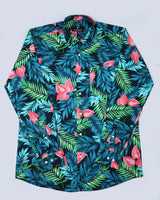 Palm Leaf With Pink  Flower Printed Cotton Shirt
