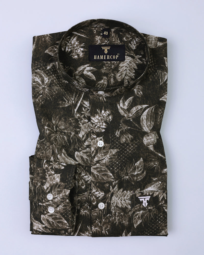 Dry Leaf Printed Olive Colored Cotton Shirt