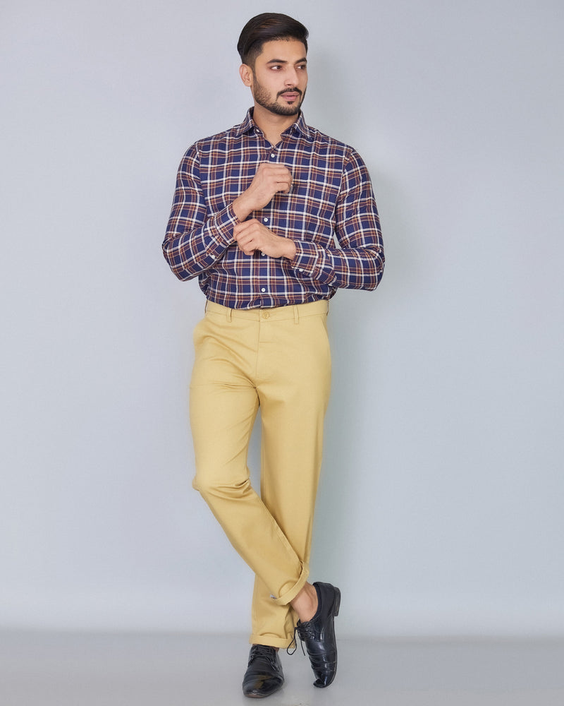 Kokum Blue With Chocolate Brown And White Cotton Check Shirt