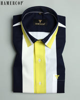 Aureolin Yellow With Navy And White Broad Stripe Designer Cotton Shirt