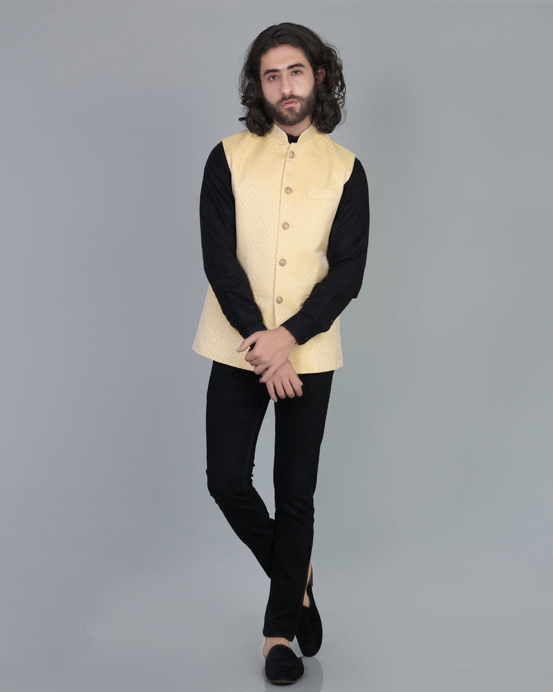 Yellow With Shine Diamond Printed Jacquard Designer Nehru Jacket