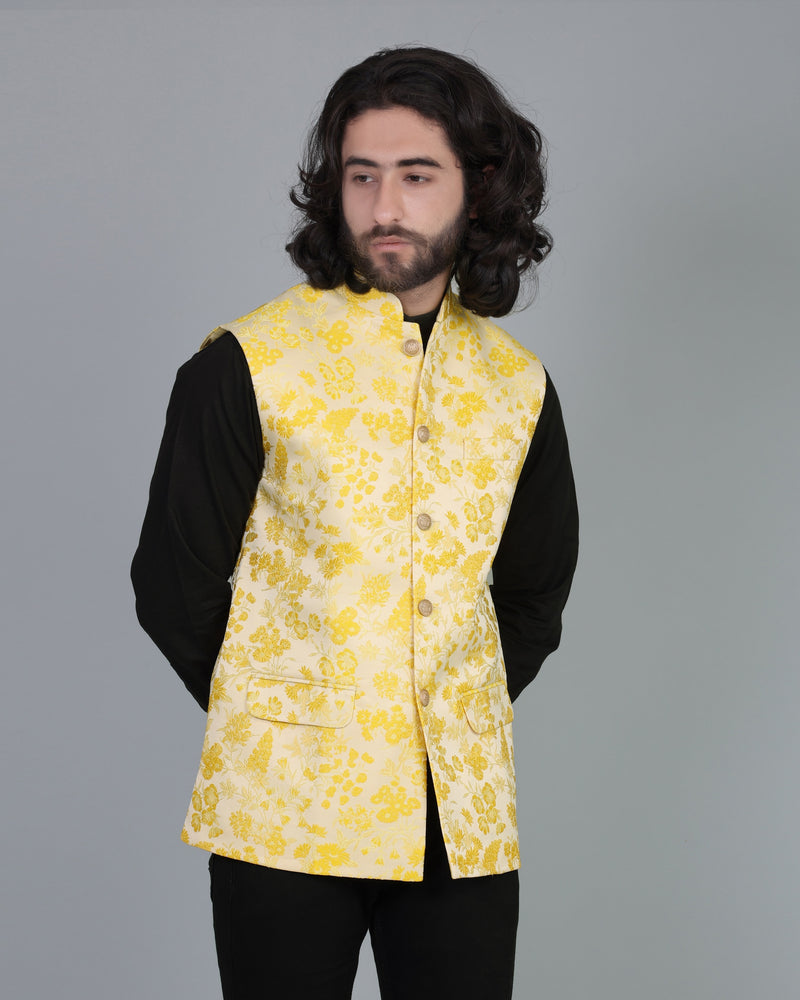 Sunflower Yellow Jacquard Designer Nehru Jacket