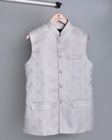 Silver Creamish Gorgious Paisly Printed Emrodery Jacquard Designer Nehru Jacket