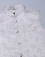 Silver Creamish Gorgious Paisly Printed Emrodery Jacquard Designer Nehru Jacket