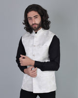 Silver Creamish Gorgious Paisly Printed Emrodery Jacquard Designer Nehru Jacket