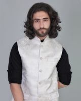 Silver Creamish Gorgious Paisly Printed Emrodery Jacquard Designer Nehru Jacket