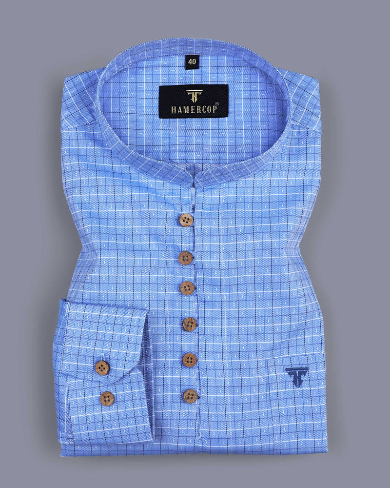 Neptune Blue Dobby Cotton Check Shirt Style Kurta