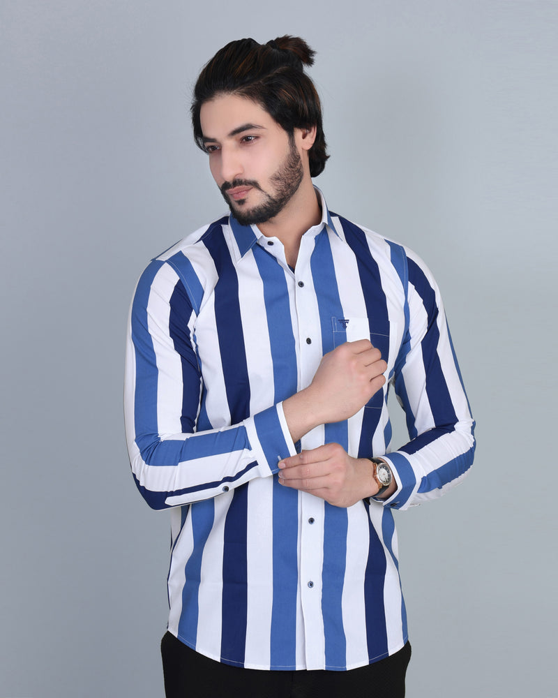 Blorolin-Blue And White Broad Stripe Designer Cotton Shirt