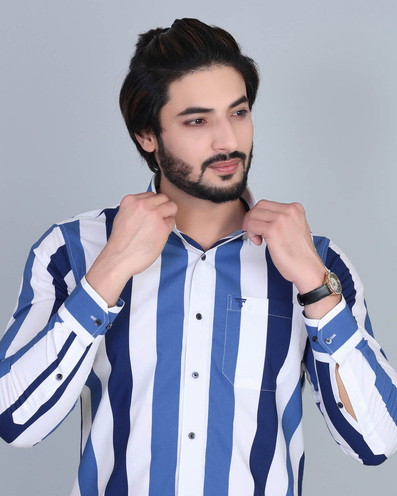 Blorolin-Blue And White Broad Stripe Designer Cotton Shirt