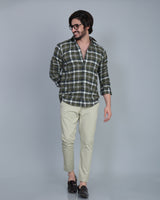 Crocodile Green Brushed Solid Plaid Flannel Check Cotton Shirt