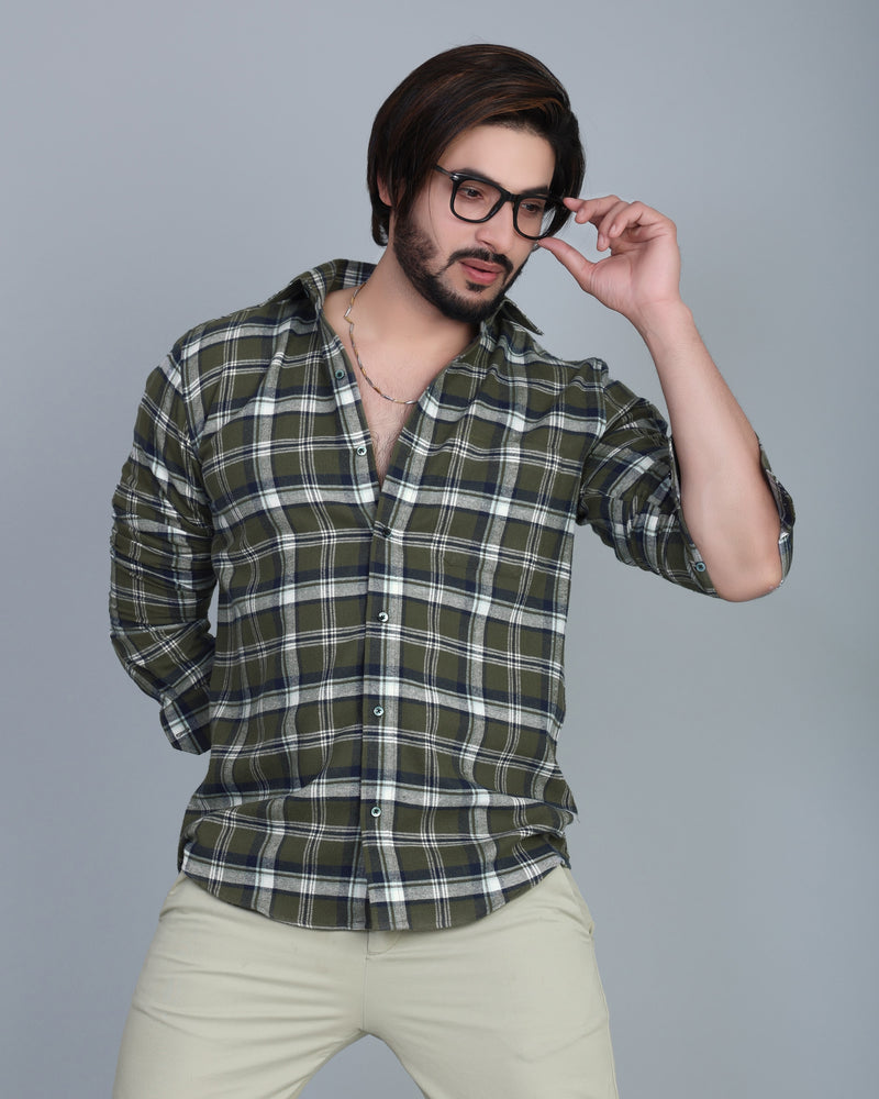 Crocodile Green Brushed Solid Plaid Flannel Check Cotton Shirt