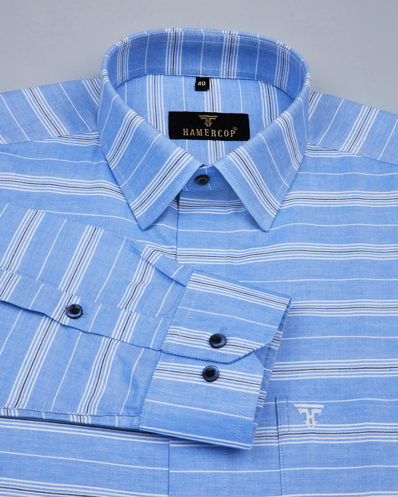 Litlin Blue With Horizontal Stripe Classical Oxford Cotton Shirt