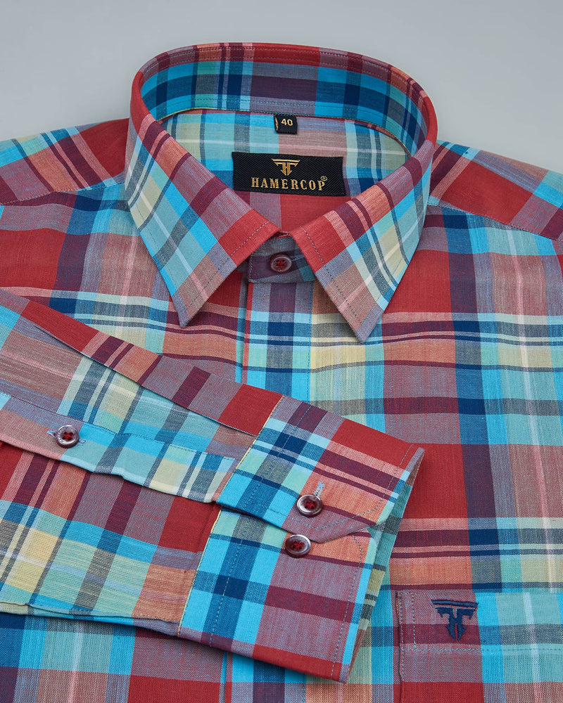 Claret Red And Blue Multicoloured Check Linen Shirt