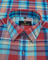Claret Red And Blue Multicoloured Check Linen Shirt