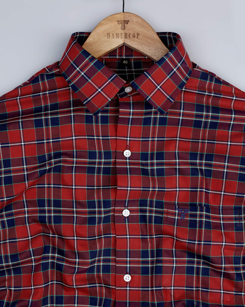 Laxican Scarlet Red With Blue Oxford Cotton Check Shirt