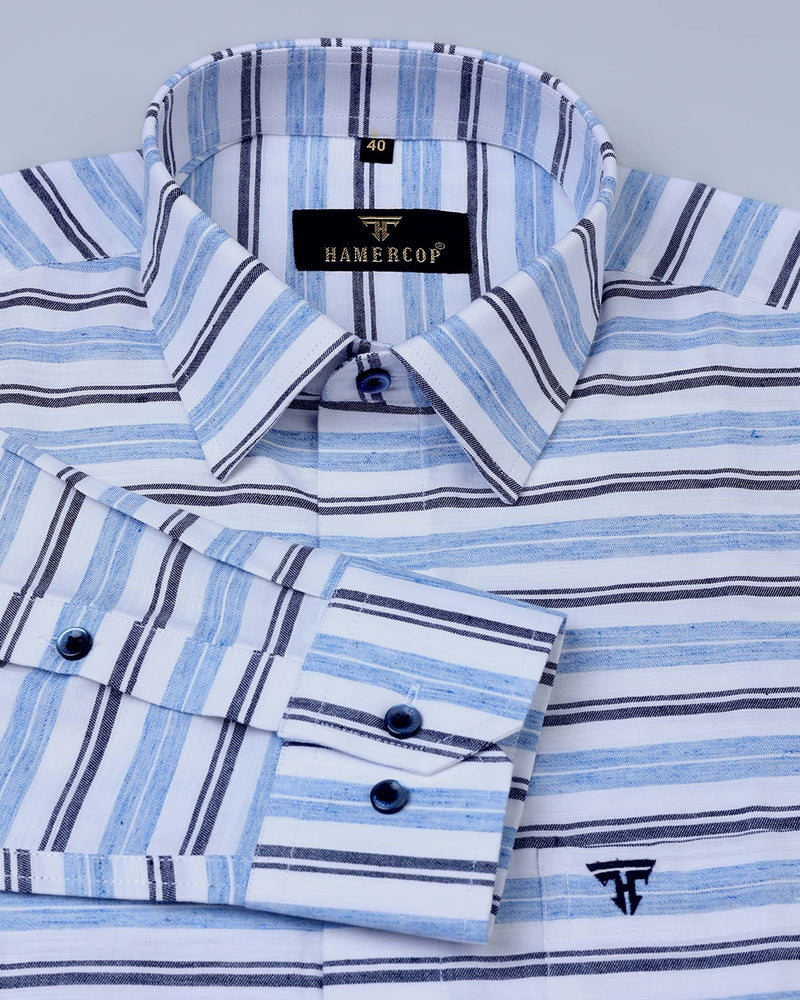 Glossy Blue With White And Black Stripe Linen Cotton Shirt