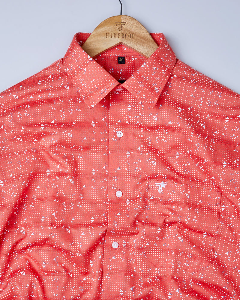 Astral Red With Weft Stripe Dot Printed Dobby Cotton Shirt