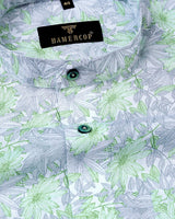 Daisy Green Flowers Printed With White Linen Soft Cotton Shirt