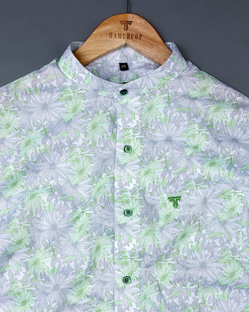 Daisy Green Flowers Printed With White Linen Soft Cotton Shirt