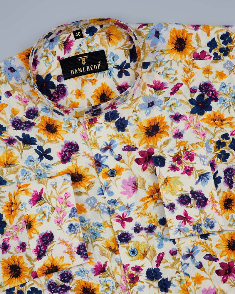 Glory Of Colorful Flowers Printed White Amsler Soft Cottorn Shirt