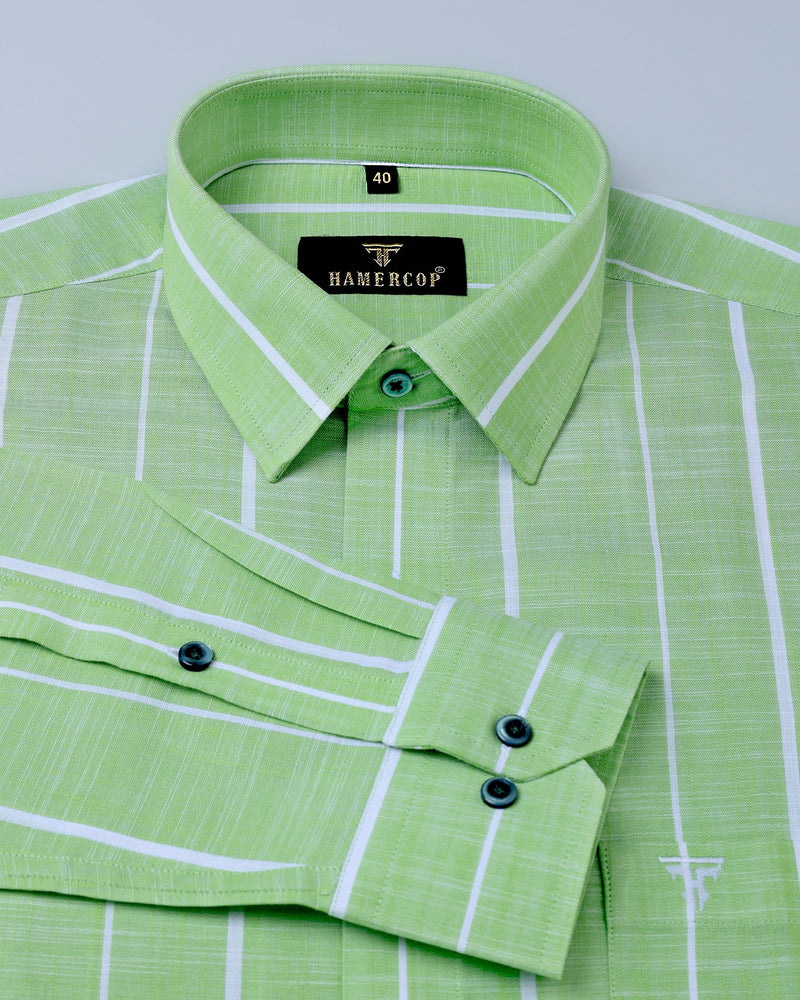 Hemlock Green With White Stripe Linen Cotton  Shirt
