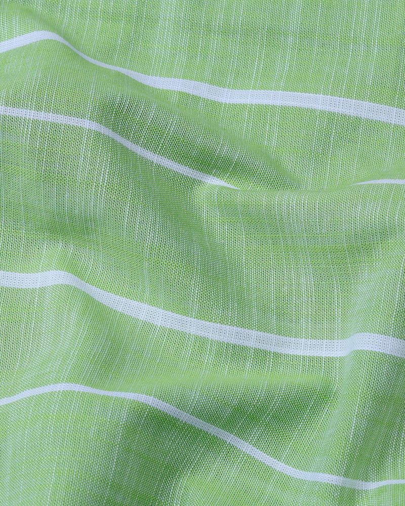 Hemlock Green With White Stripe Linen Cotton  Shirt