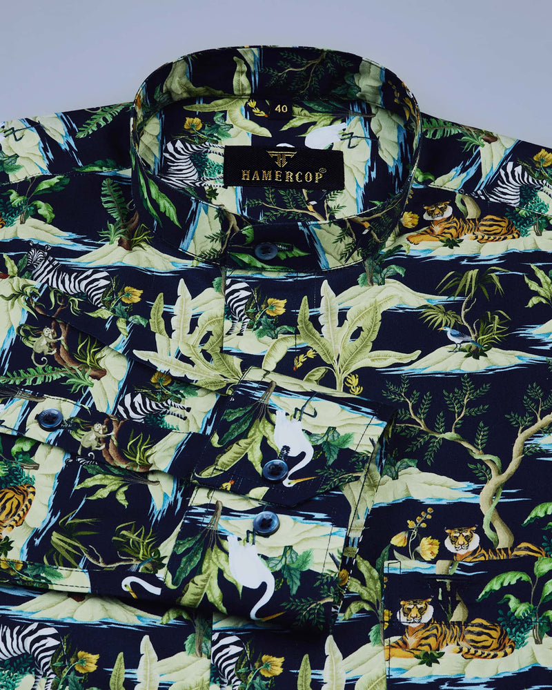 Wildlife Themes Printed  Navy And Forest Green Egyptian Gizza Shirt