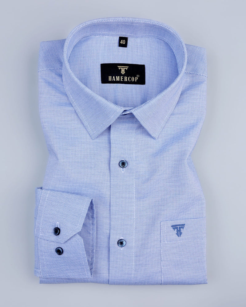 Pirate Blue With White Dotted Dobby Solid Cotton Shirt