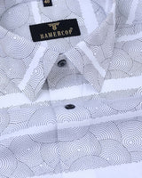 White With Black Circle Printed Weft Striped Cotton Shirt