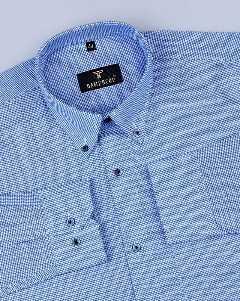 IMO Steel Blue With White Houndstooth Dobby Solid Cotton Shirt