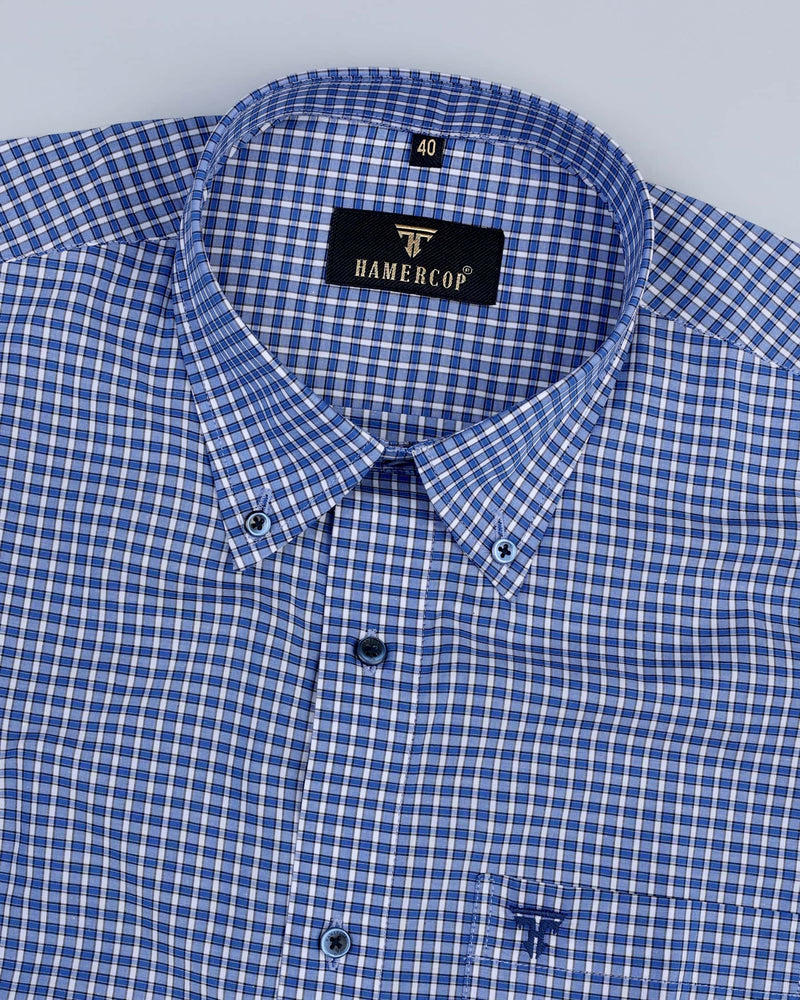 Planet Blue With White Cotton Check Formal Shirt