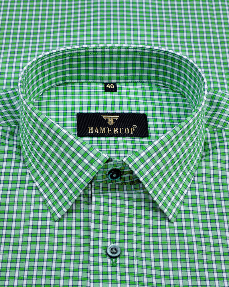 Planet Green With White  Cotton Check Formal Shirt