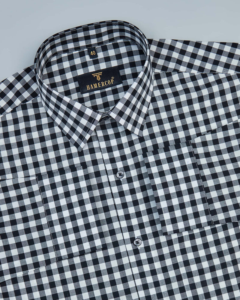 Jet Black With White Yarn Dyed Check Formal Cotton Shirt