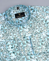 Frosty Blue Floral Art Printed Premium Cotton Shirt