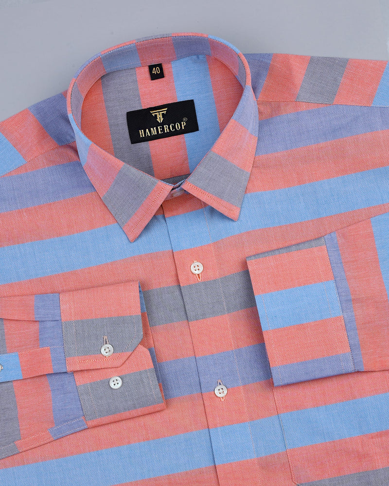 Blue And Peach With Grey Weft Stripe Dobby Cotton Shirt