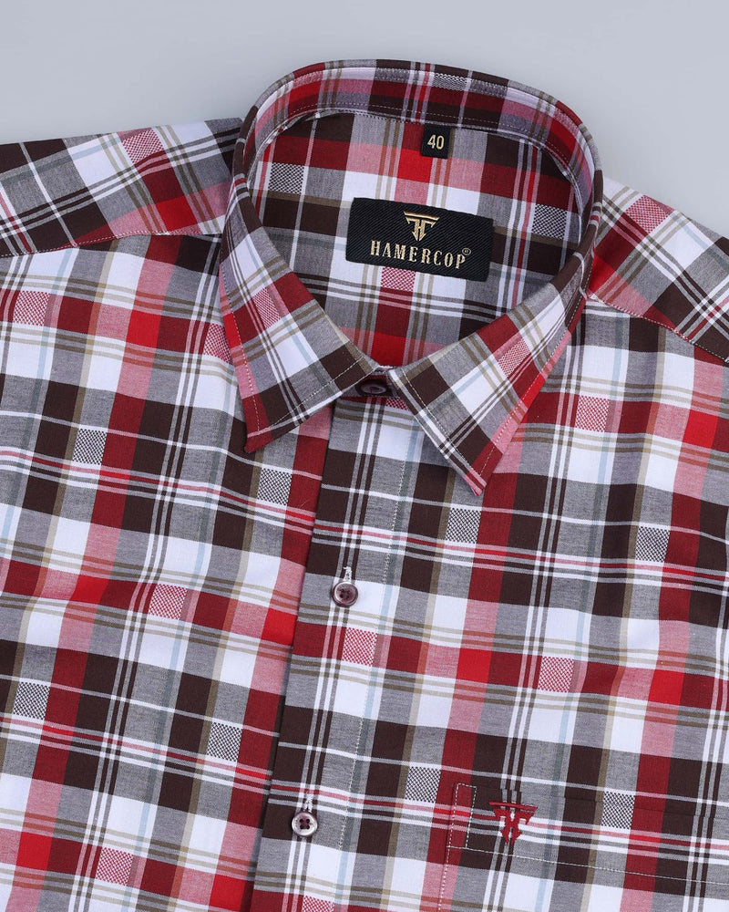 Organic Red With White And Coffee Check Cotton Shirt