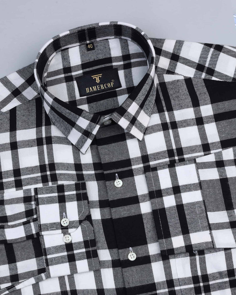 Black With White Twill Cotton Plaid Flannel Check Shirt