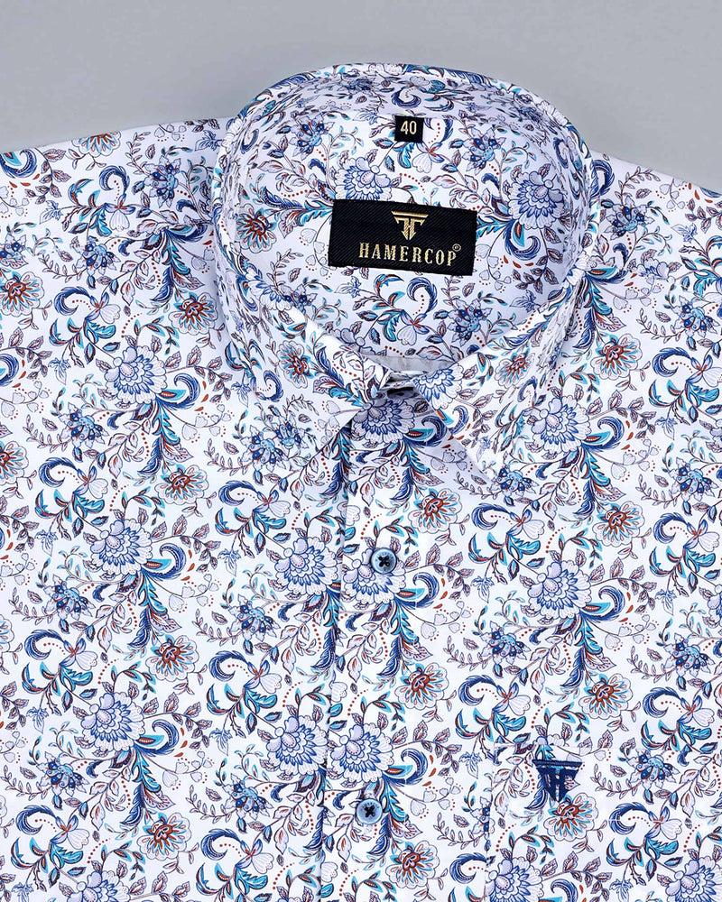 Fringy Flowers And Leaves Printed White Cotton Picnic Shirt