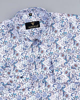 Fringy Flowers And Leaves Printed White Cotton Picnic Shirt