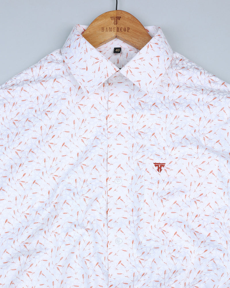 Orange And White Small Fallen Leaf Printed Cotton Shirt