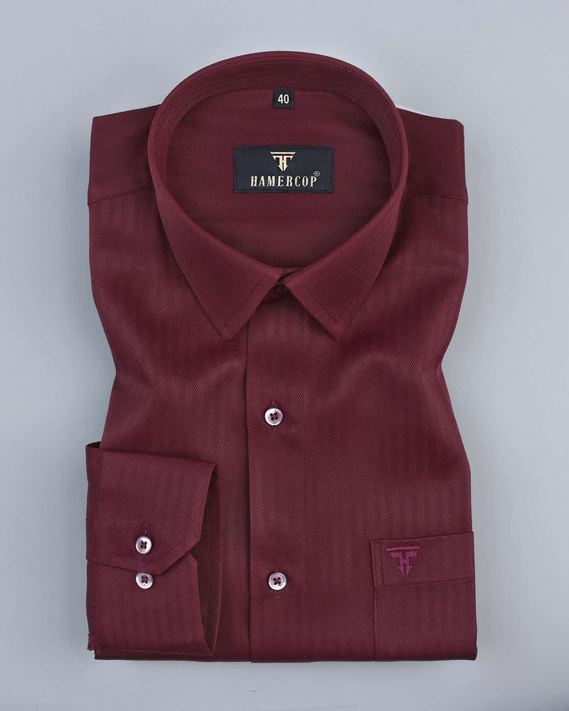 Wine Berry Dobby Textured Self Striped Cotton Shirt