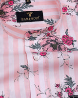 Glow Pink Flower Print With Striped Cotton Designer Shirt