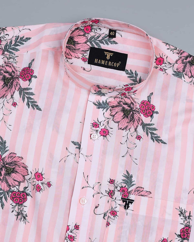Glow Pink Flower Print With Striped Cotton Designer Shirt
