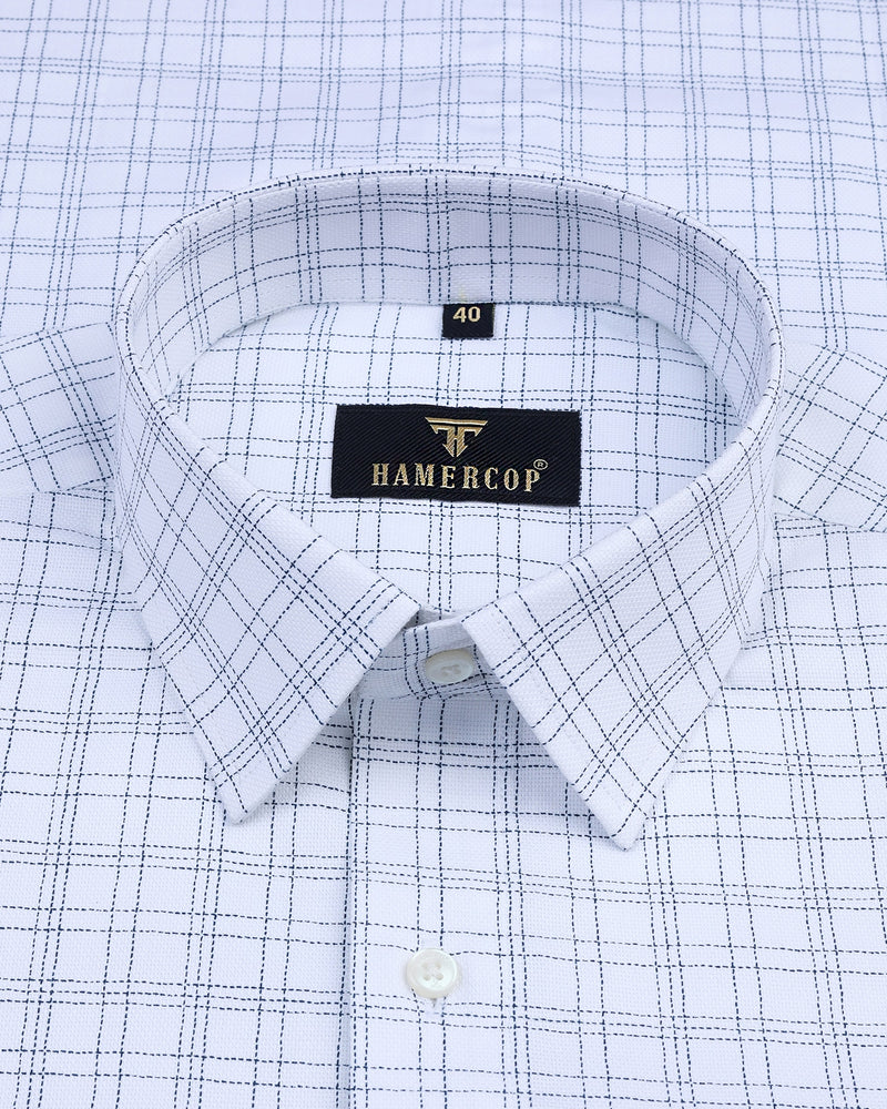 Hosten White With Blue Checked Dobby Cotton Formal Shirt