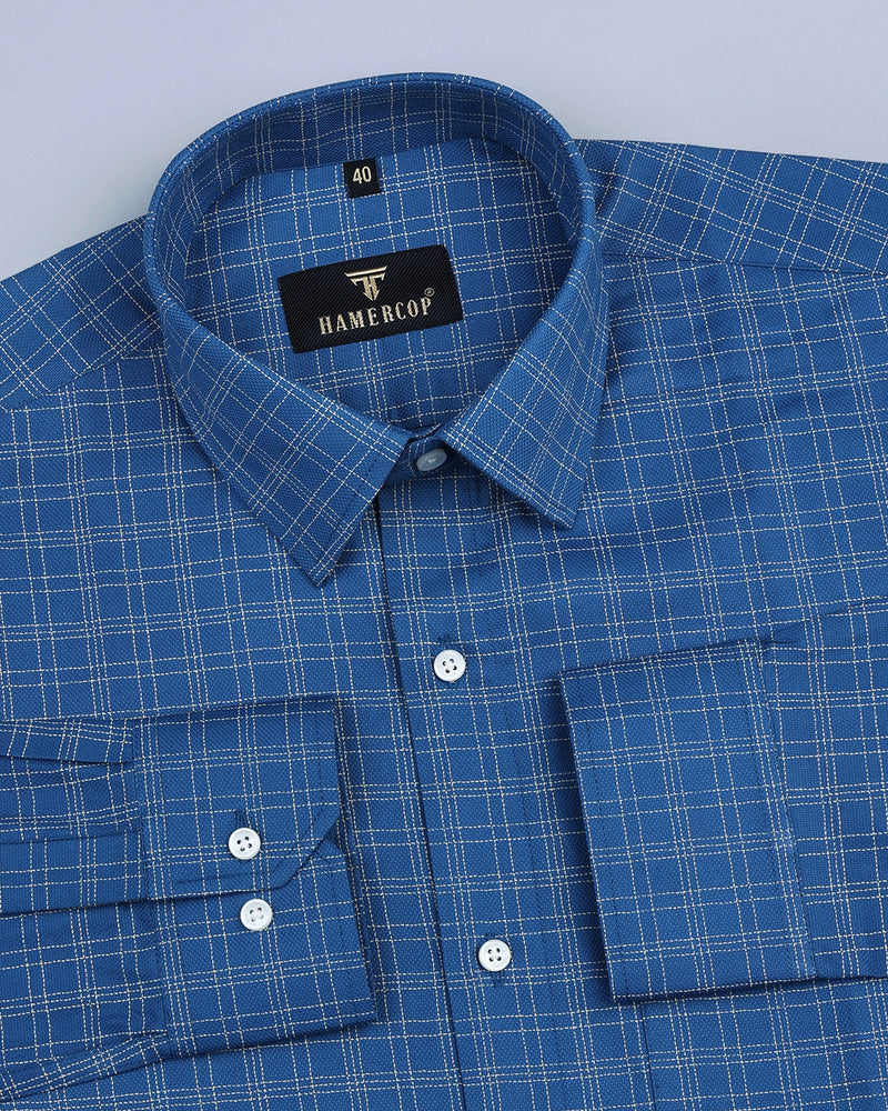 Hosten Blue With Cream Checked Dobby Cotton Formal Shirt