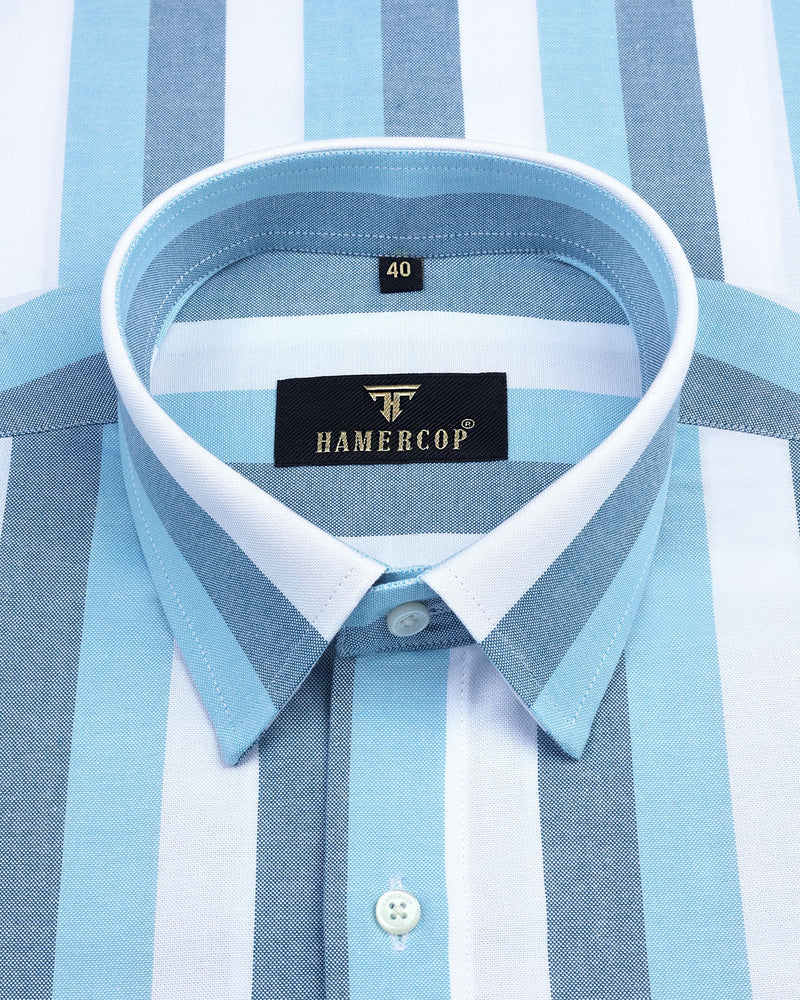 Stalin Blue With White  Multistriped Oxford Cotton Shirt