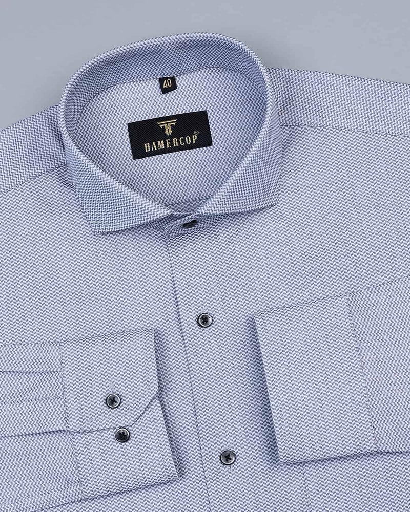 Gray With White Chervon Geomertic Textured Jacquard Cotton Shirt