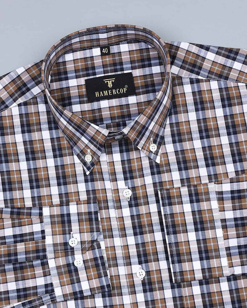 Brown With NavyBlue And White Check Formal Cotton Shirt